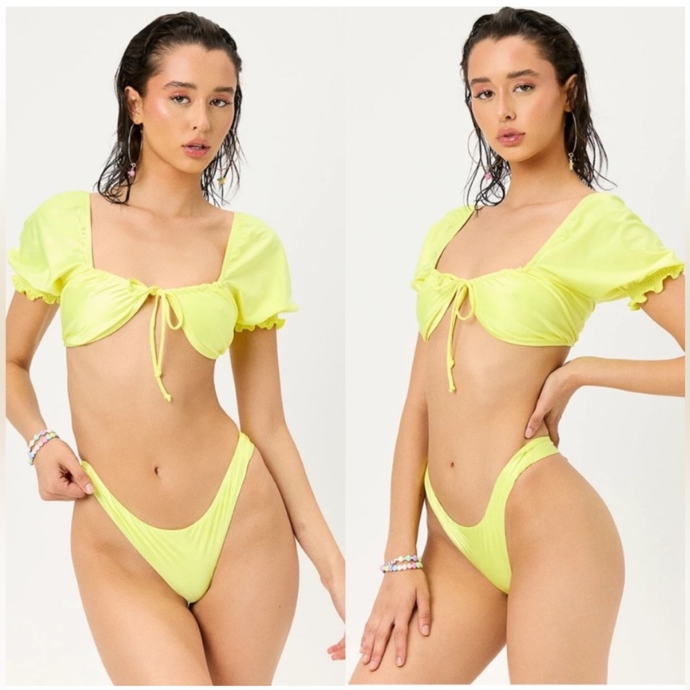 NWOT Frankie’s Bikinis x Naomi Osaka lemon drop Carly puffy sleeve bikini top M
